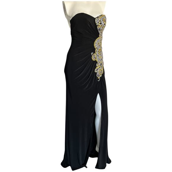 Atria Couture Black Gown with Yellow and Silver Jewel Embellishments Size 2 - Picture 5 of 10